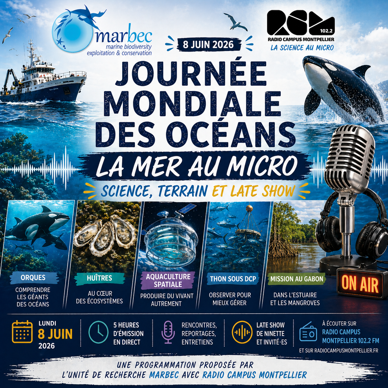 Affiche Journée mondiale des océans — La mer au micro, science, terrain et Late Show